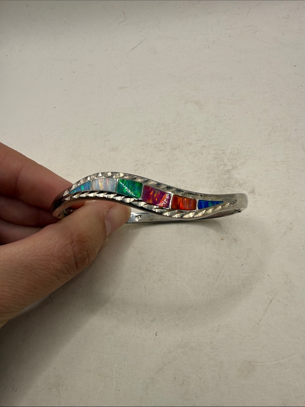 Vtg Silver 925 Hinged Bangle Bracelet Rainbow Opal Inlay Wavy Mexico Taxco? - Picture 3 of 16